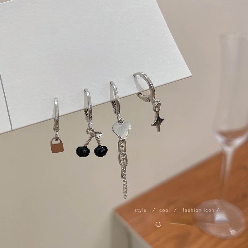 Set 4 Khuyên Tai Hình Trái Cherry/Quả Đào Đen Đơn Giản Thời Trang Cho Nữ
