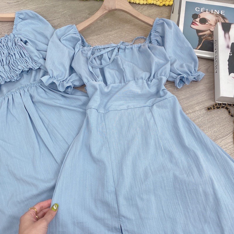 Váy đầm nữ  dáng maxi đũi xước xanh dương xẻ tà chun lưng đi biển freesize nhún ngực iêu dễ thương