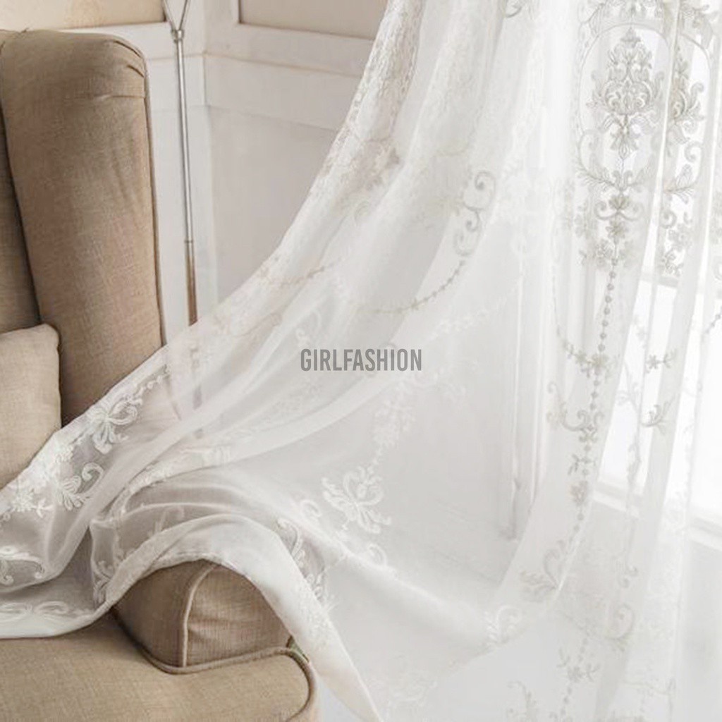 2Pcs Top Curtains 3D Screens Princess Tulle Curtains Luxury Embroidered White Sheer Curtain for Living Room Bedroom