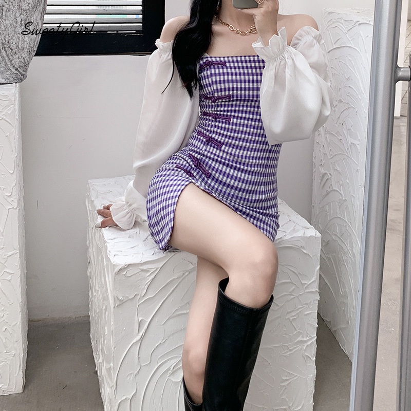 Đầm Mini Hở Vai Tay Dài Họa Tiết Kẻ Sọc Ca Rô 2022 Thời Trang Cho Nữ