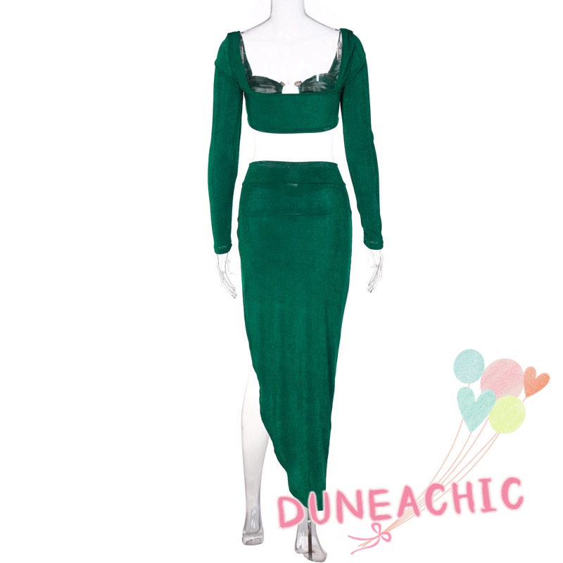 DUNEA Set áo croptop cổ vuông dài tay + chân váy xẻ tà phong cách quyến rũ cho nữ