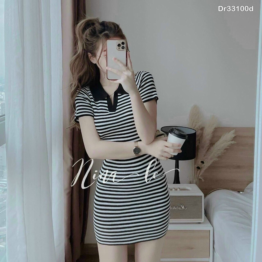 Đầm body sọc ngang ngắn tay cổ bẻ, váy kẻ sọc polo dáng ngắn chất thun gân co dãn