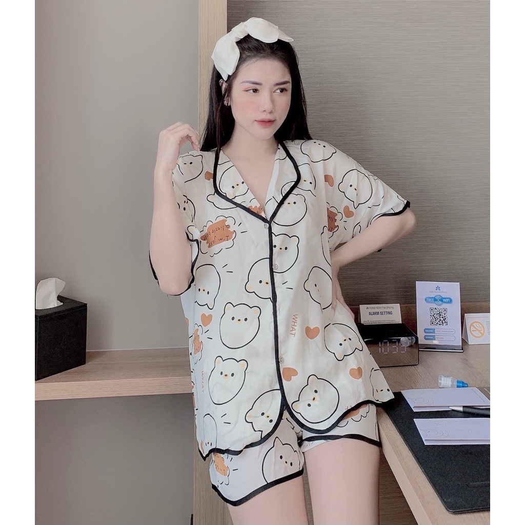 Bộ Ngủ Lụa Pijama Nữ Hàng Thiết Kế, Đồ Bộ Mặc Nhà Cộc Tay Pyjama Dễ Thương Ulzzang FreeSize | BigBuy360 - bigbuy360.vn