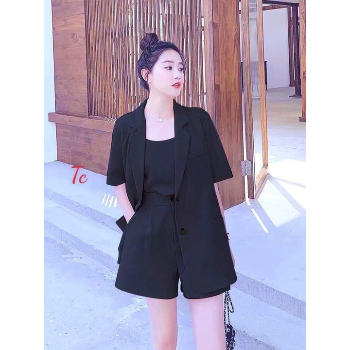 Sét bộ áo vest nữ blazer ngắn tay - Áo Vest Blazer cộc tay form dài giấu quần sang chảnh , kiểu dáng Hàn Quốc