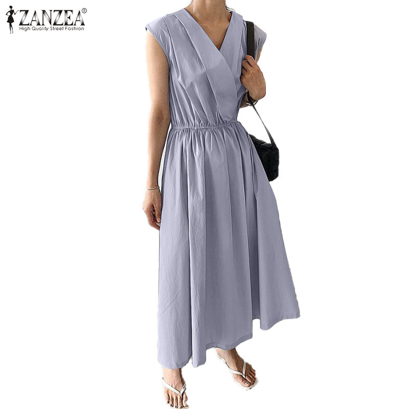 ZANZEA Women Casual V-Neck Sleeveless Swing Pleated Loose Long Dress | BigBuy360 - bigbuy360.vn