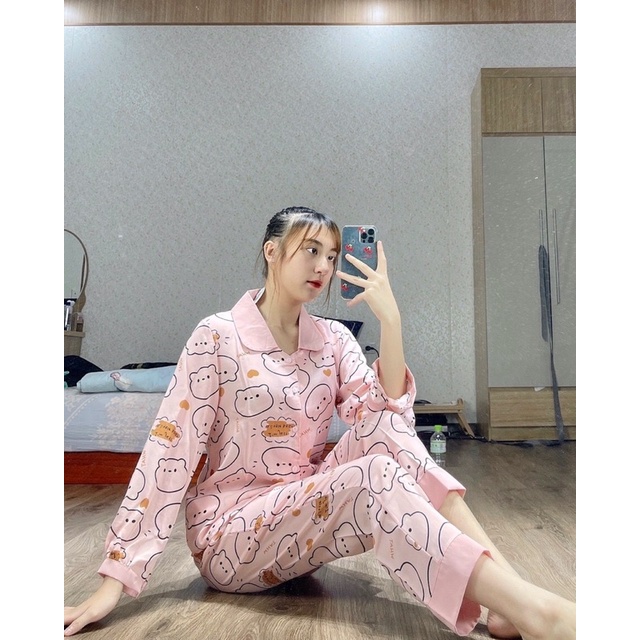Bộ Pijama Ziczac , gấu Hồng , Tay dài cổ sen, cao cấp