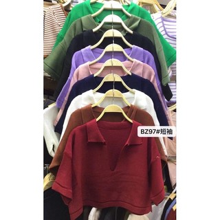💥Áo len croptop cộc tay cổ bẻ dáng thụng
