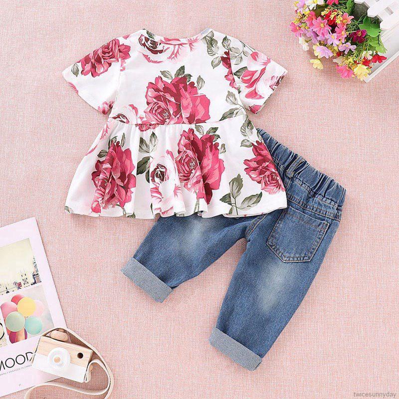 Set áo thun ngắn tay + quần Jean rách thời trang cho bé gái