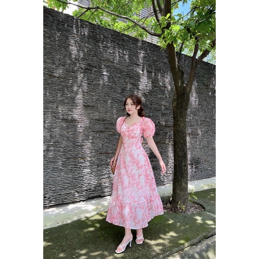 Đầm maxi hoa hồng voan cúp ngực tay phồng đi biển/du lịch NÀNG CLOSET