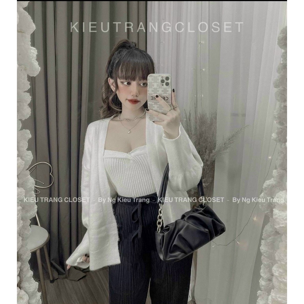 Set áo len lông thỏ áo 2 dây kèm áo khoác trơn màu quảng châu đẹp CS185