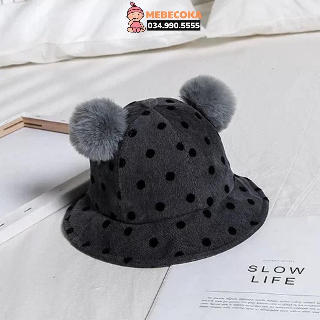 Mũ cho bé, mũ bucket chỏm lông thú, vành nón tai bèo tròn cho bé Trai bé Gái chất liệu CAO CẤP