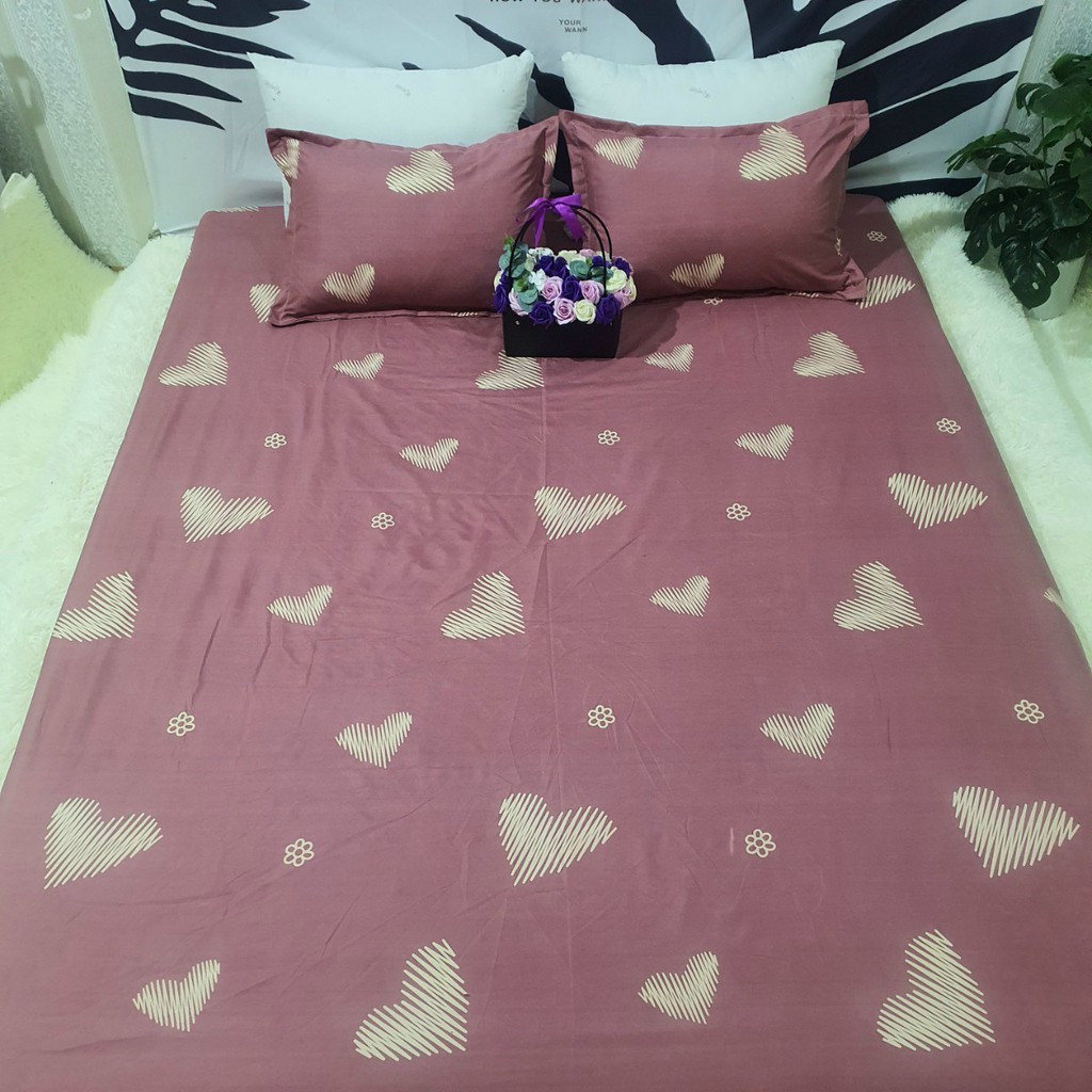 Bộ ga và hai vỏ gối SUNNY Bedding màu đỏ mận họa tiết trái tim cho kích thước giường (drap) m6, m8 chất liệu cotton poly