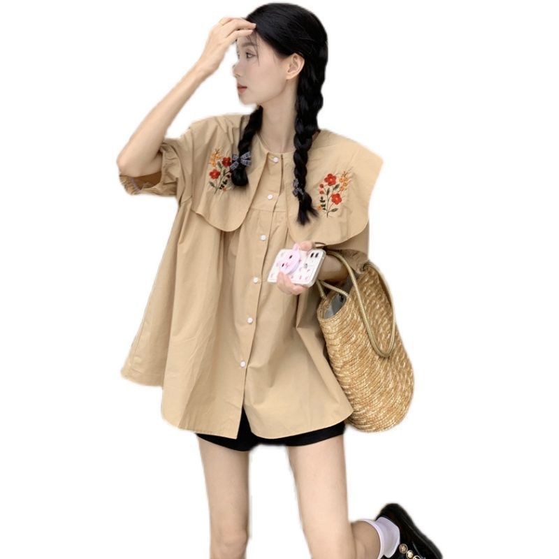 Áo Sơ Mi Ngắn Tay Cổ Búp Bê Họa Tiết Thêu Phong Cách Retro