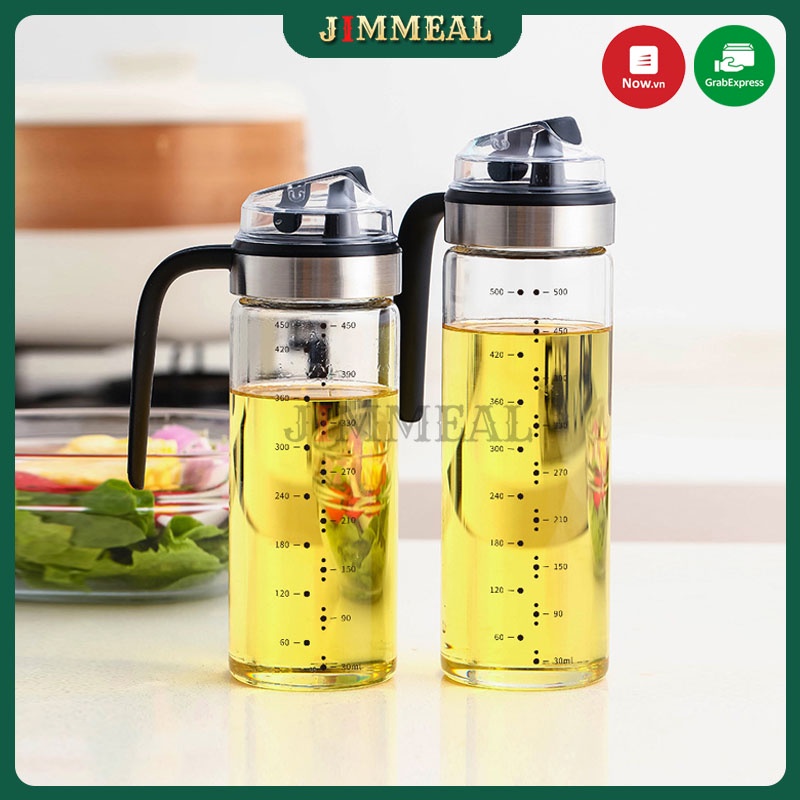 Bình Thủy Tinh Đựng Dầu Ăn, Nước Mắm, Xì Dầu Tự Động Mở Nắp Có Thang Chia Vạch 450ml 550ml Chai, Lọ Đựng Dầu Ăn Cao Cấp