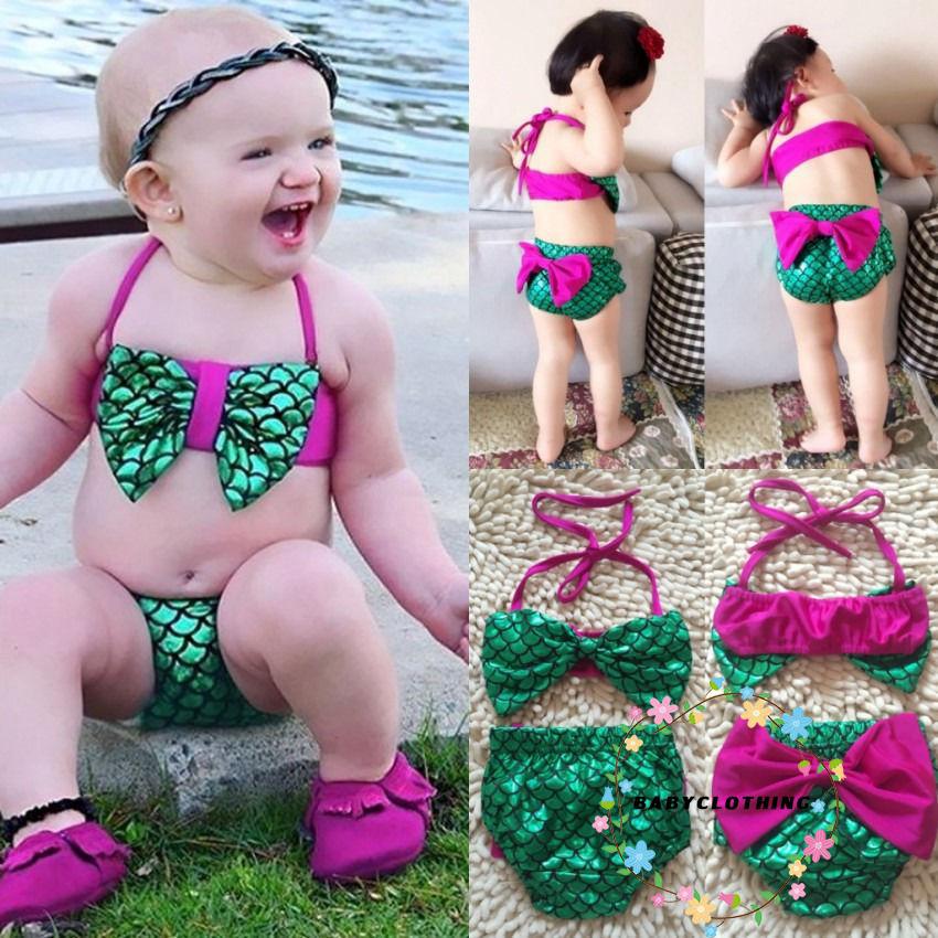 Bộ bikini 2 mảnh họa tiết nàng tiên cá cổ yếm xinh xắn dễ thương cho bé gái