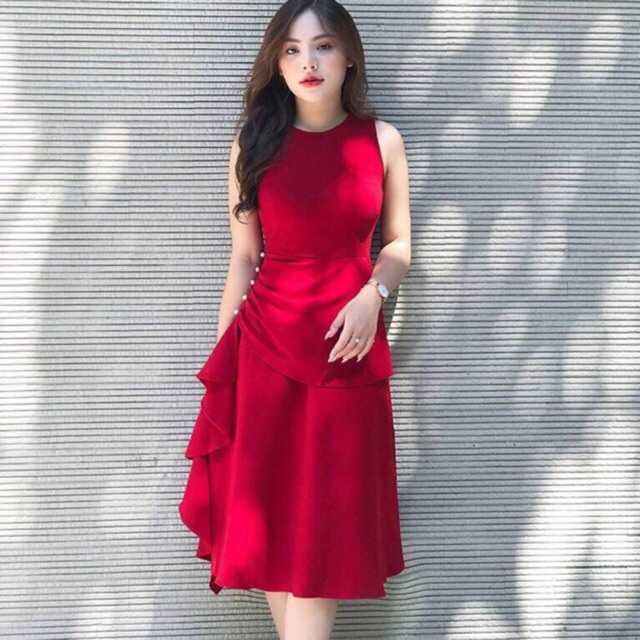 Đầm Đỏ Tùng Xoè Đi Tiệc Sang Trọng  MH