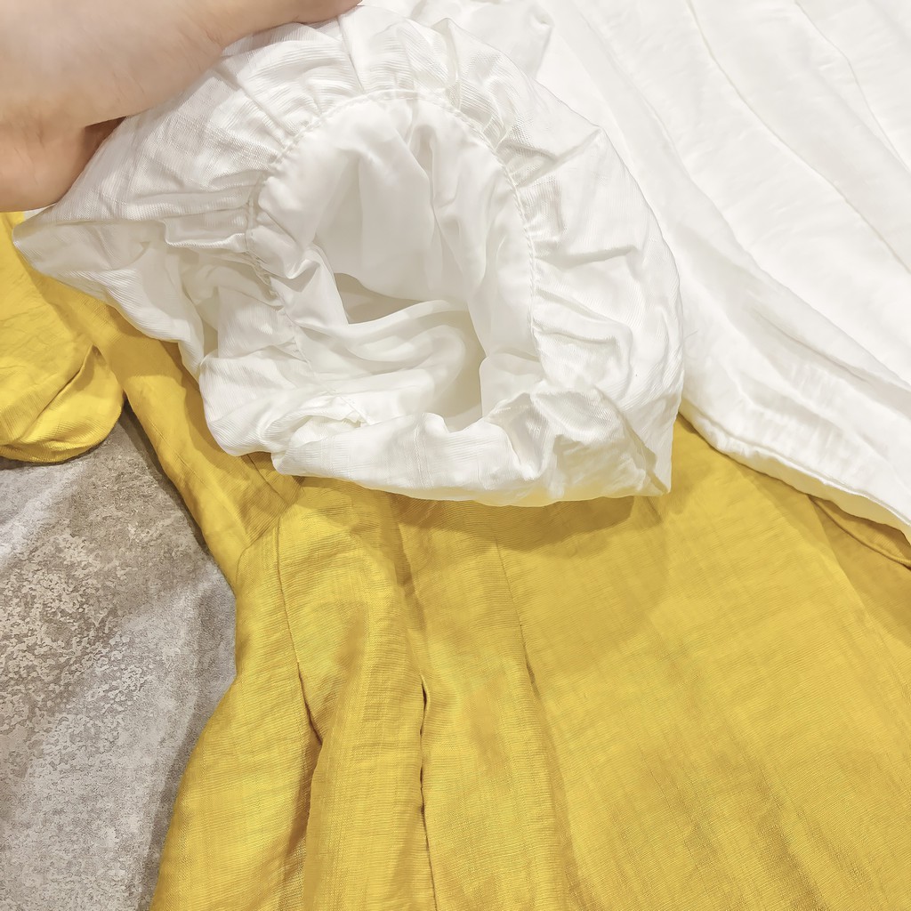 [HÀNG CÓ SẴN]Váy Xòe Xếp Ly Liền Thân,Tay Bồng Cổ Tròn Cho Nữ,2 Màu Trắng Và Vàng