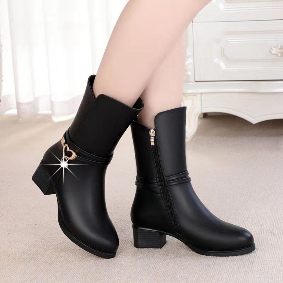 ஐMùa đông giày ống ngắn của phụ nữ giữa cao gót Martin boots da cộng với cashmere bông ☞