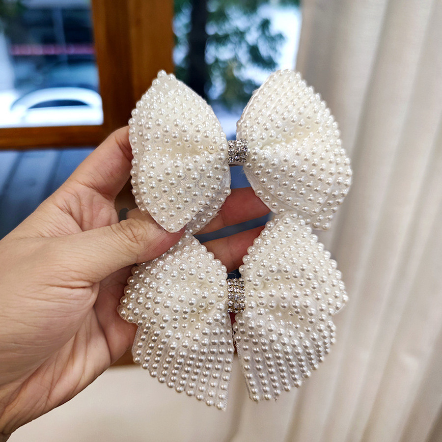 Kẹp tóc trang trí nơ nơ đính hạt ngọc trai phong cách Hàn Quốc