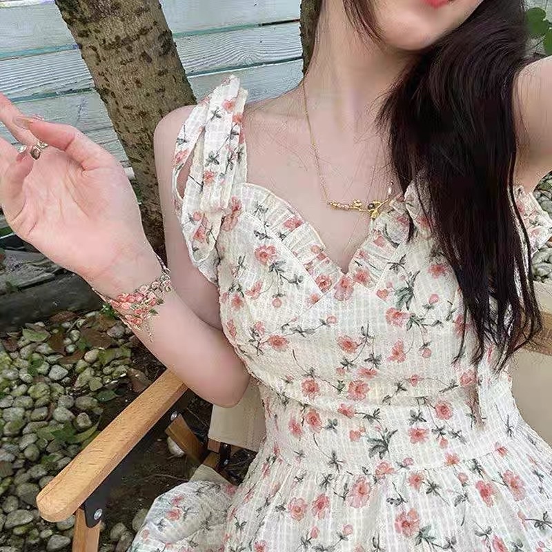 Đầm hoa nhí hai dây tiểu thư hàng quảng châu