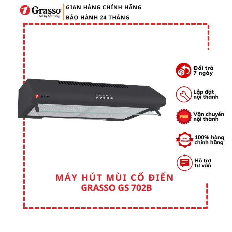 Máy hút mùi cổ điển Grasso GS 702B đen bóng nhỏ gọn dễ lắp đặt