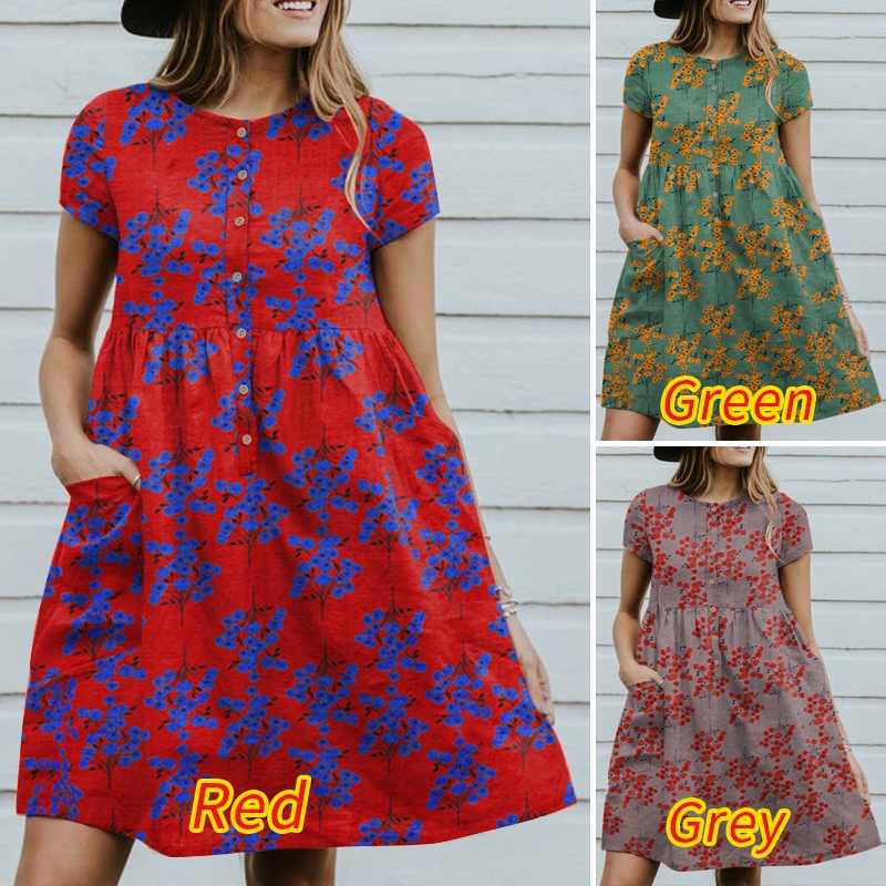 ZANZEA Đầm Tay Ngắn Cổ Tròn In Họa Tiết Hoa Phong Cách Bohemian Cổ Điển Thời Trang