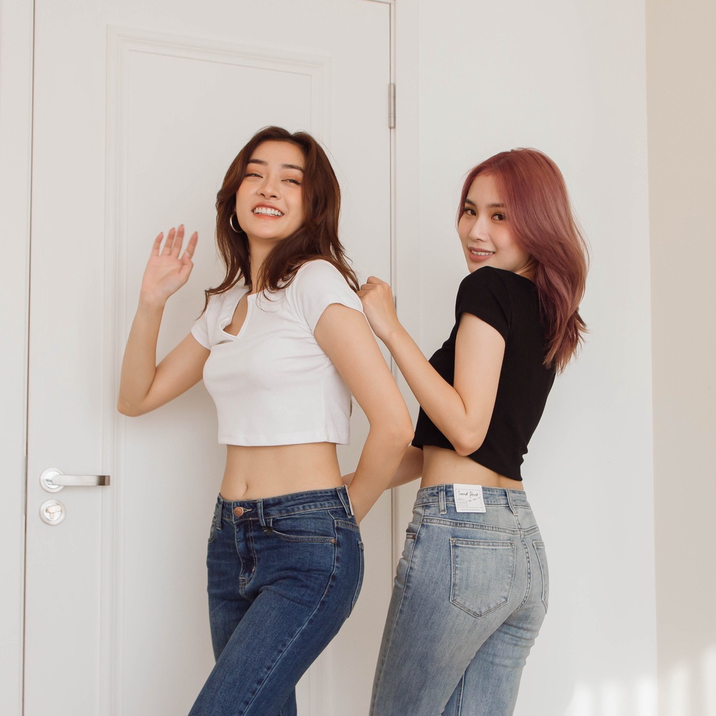 Áo croptop cổ tròn khoét V cộc tay thun Mia Ritta A2075 Ảnh thật