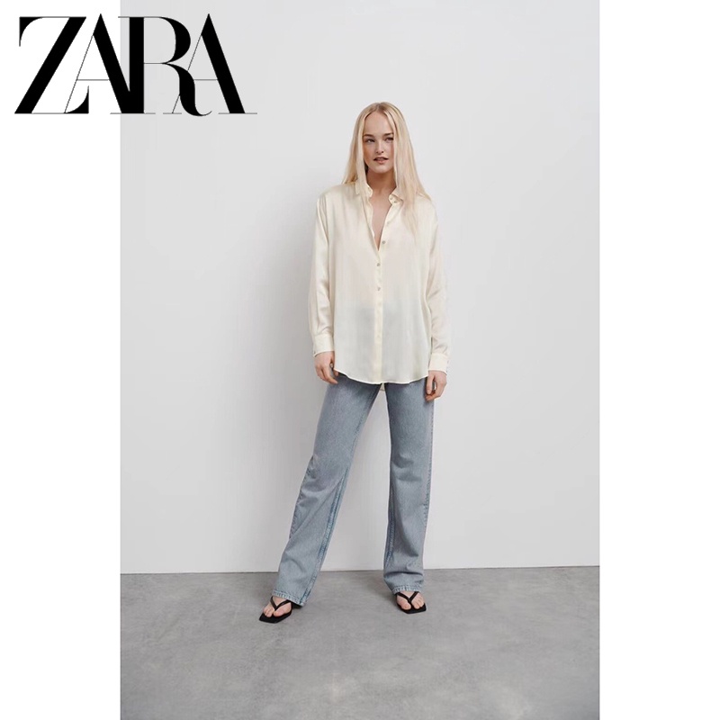 Zara Áo Sơ Mi Vải Lụa Satin Màu Trơn Thiết Kế Thanh Lịch Cho Nữ