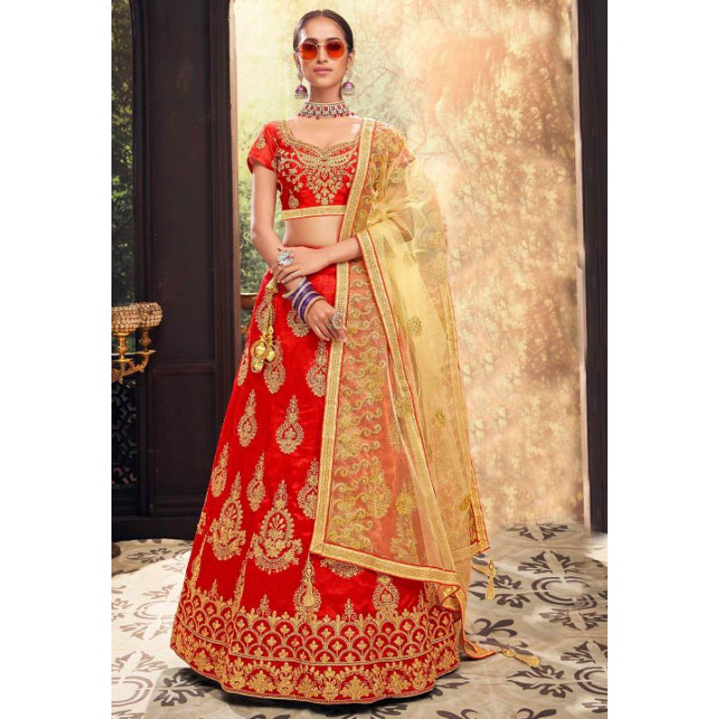 Lehenga art silk Ấn Độ màu đỏ phối vàng