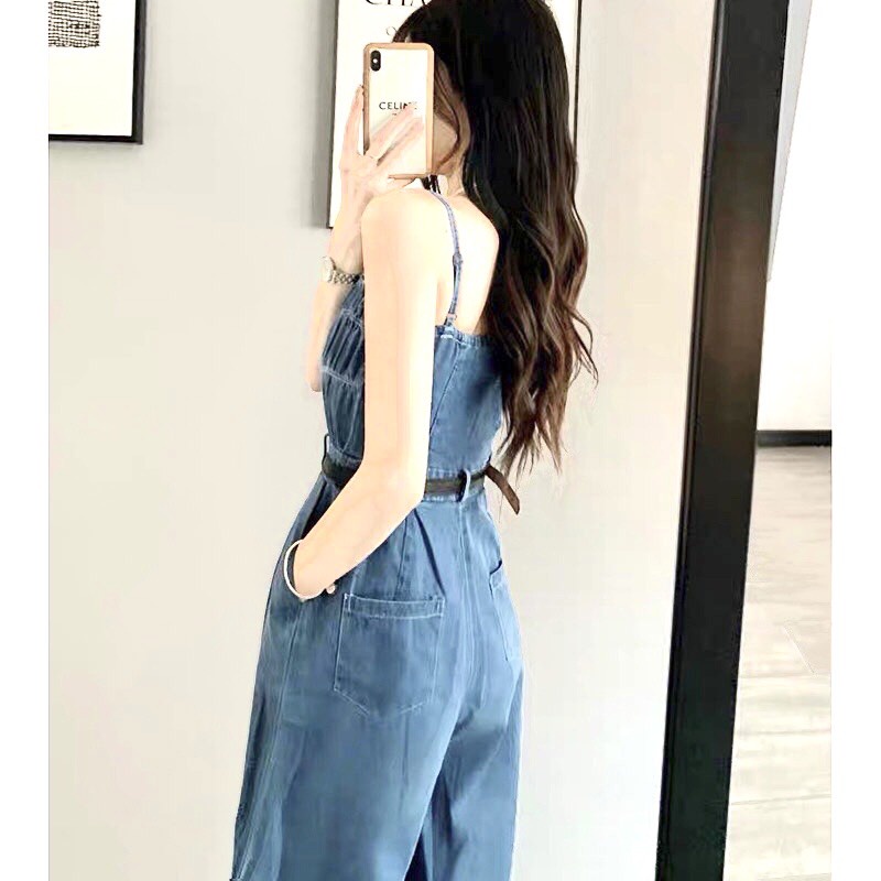 Jumpsuit Bò 2 Dây Dáng Lửng Tặng Kèm Đai Hàng Quảng Châu