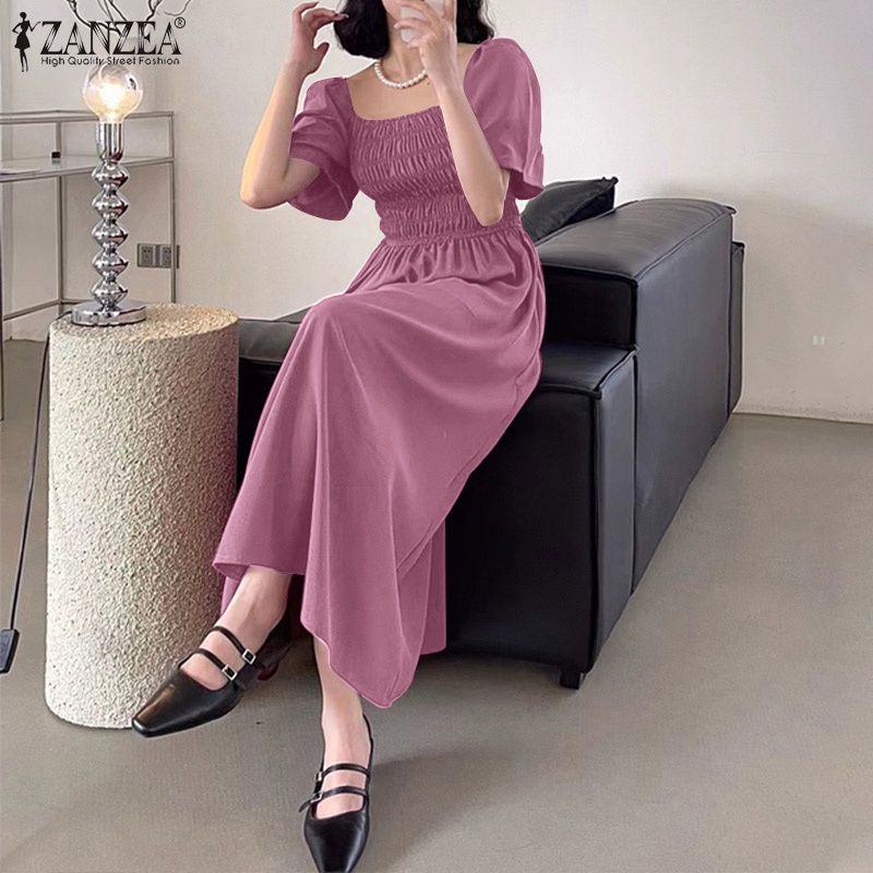 Zanzea Đầm Dài Cổ Vuông Tay Ngắn Phong Cách Hàn Quốc Tinh Tế Thời Trang Cho Nữ