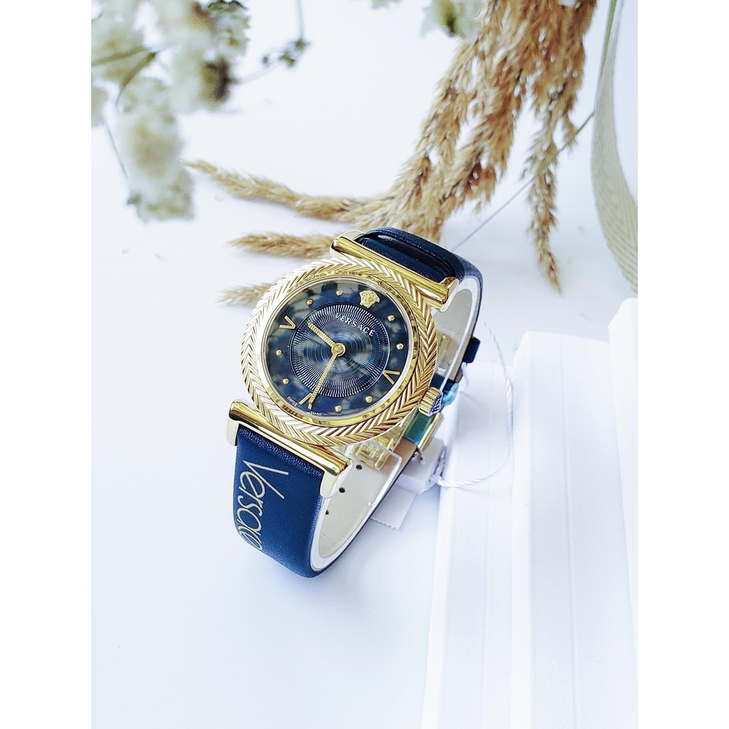 Đồng hồ nữ chính hãng Versace Series V-Motif mới nhất của nhà Versace tone xanh dương - Máy pin Thụy Sĩ - Kính Sapphire