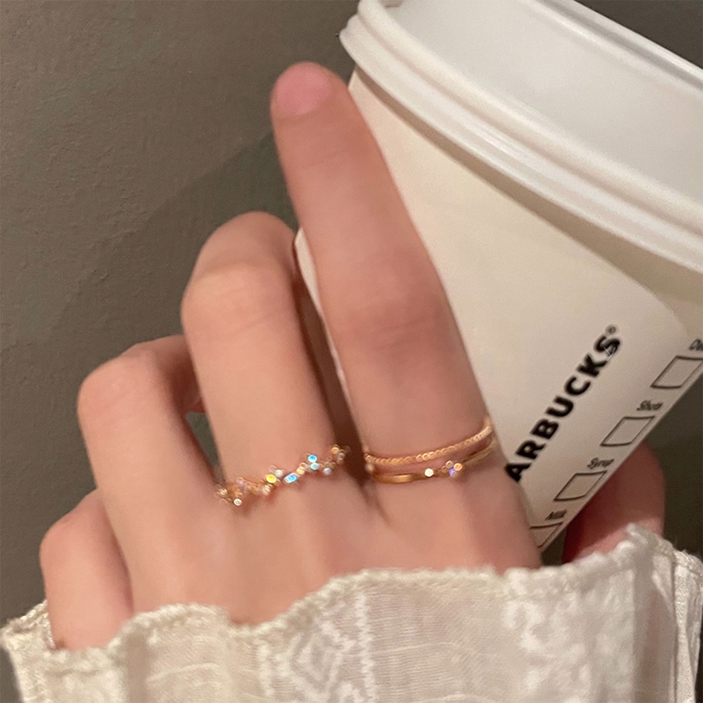 Nhẫn Đeo Tay Gợn Sóng Hai Lớp Đính Đá Zircon Màu Vàng Hồng Trắng Tinh Tế Thời Trang Độc Đáo