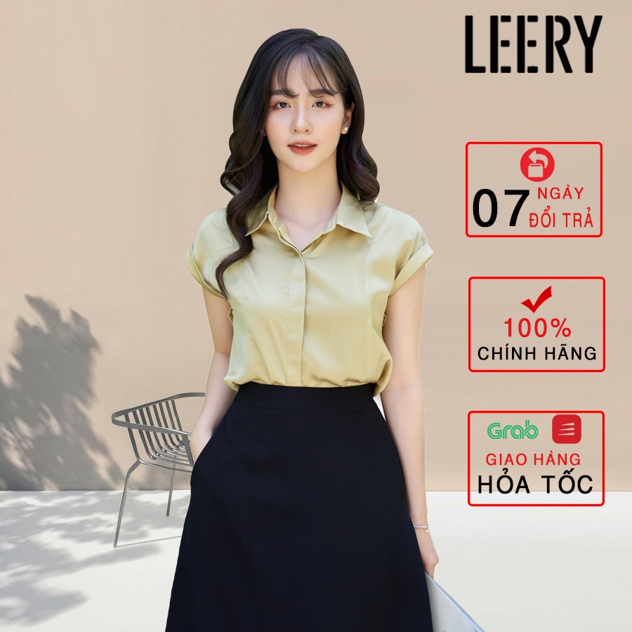 Áo sơ mi nữ ngắn tay form rộng mặc đi làm công sở chất lụa cao cấp màu Tím Đen Oliu LEERY SM-09 - Hàng mới về