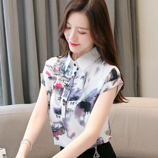 TH9343 Áo voan nữ cổ sơ mi Hk ngắn tay hoa văn trắng