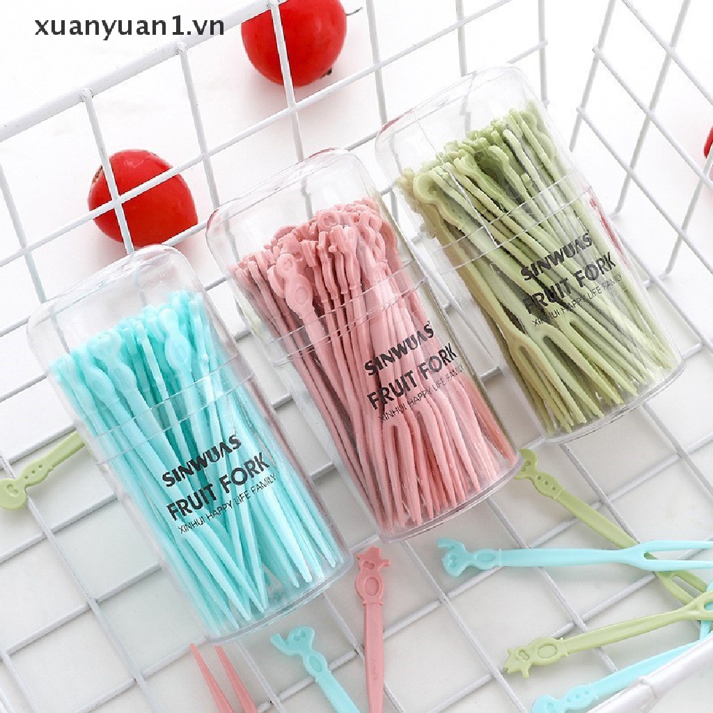 Set 50 Nĩa Ăn Trái Cây Bằng Nhựa Họa Tiết Hoạt Hình Dễ Thương