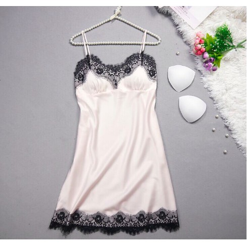 (Có size) Váy ngủ 2 dây lụa phối ren có đệm ngực, chất mỏng nhẹ, thoáng mát
