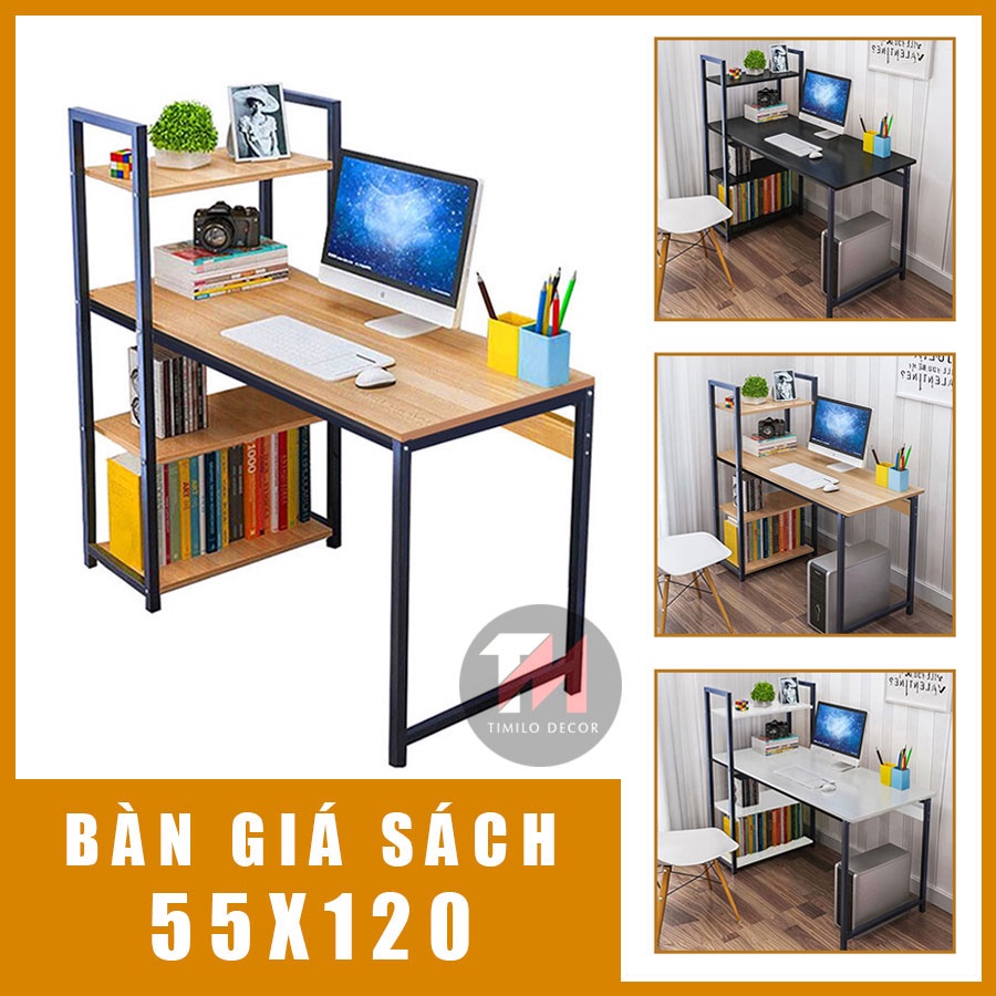 Bàn làm việc khung sắt liền kệ sách sơn tĩnh điện chịu lực cao, bàn làm việc lắp ghép thông minh mặt bàn rộng 120x55cm