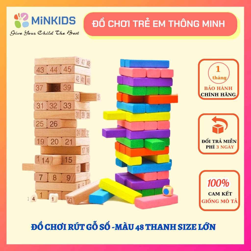 Bộ Đồ Chơi Rút Gỗ 48 Thanh Size Lớn In Số - Màu, đồ chơi cho bé Minkids