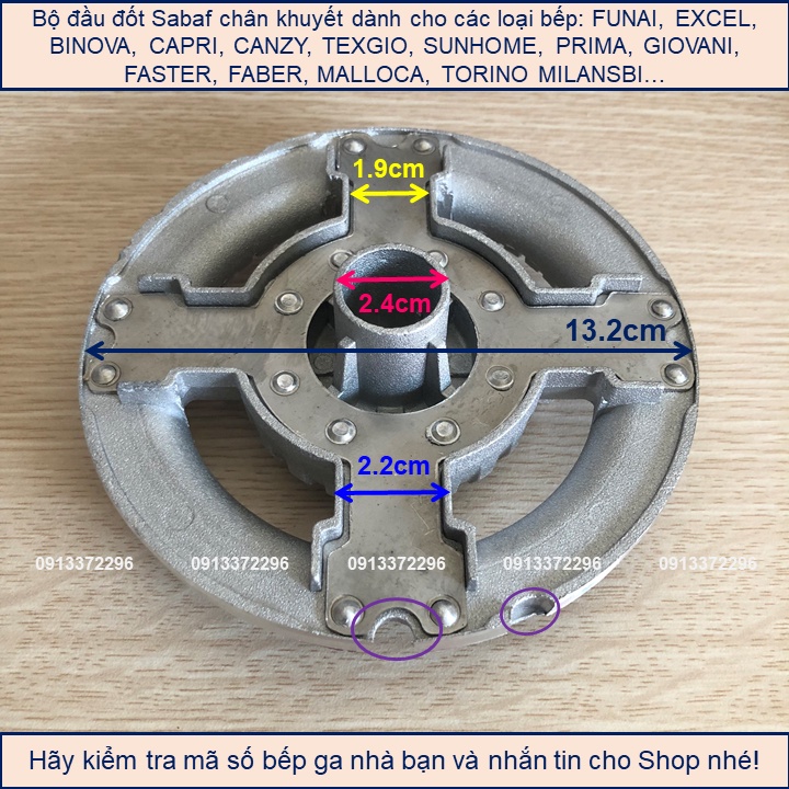 Bộ Đầu Đốt Sabaf Chia Lửa Chân Khuyết Bếp Ga Âm FUNAI, BINOVA, CAPRI, CANZY, TEXGIO, SUNHOME, PRIMA, GIOVANI, FASTER...