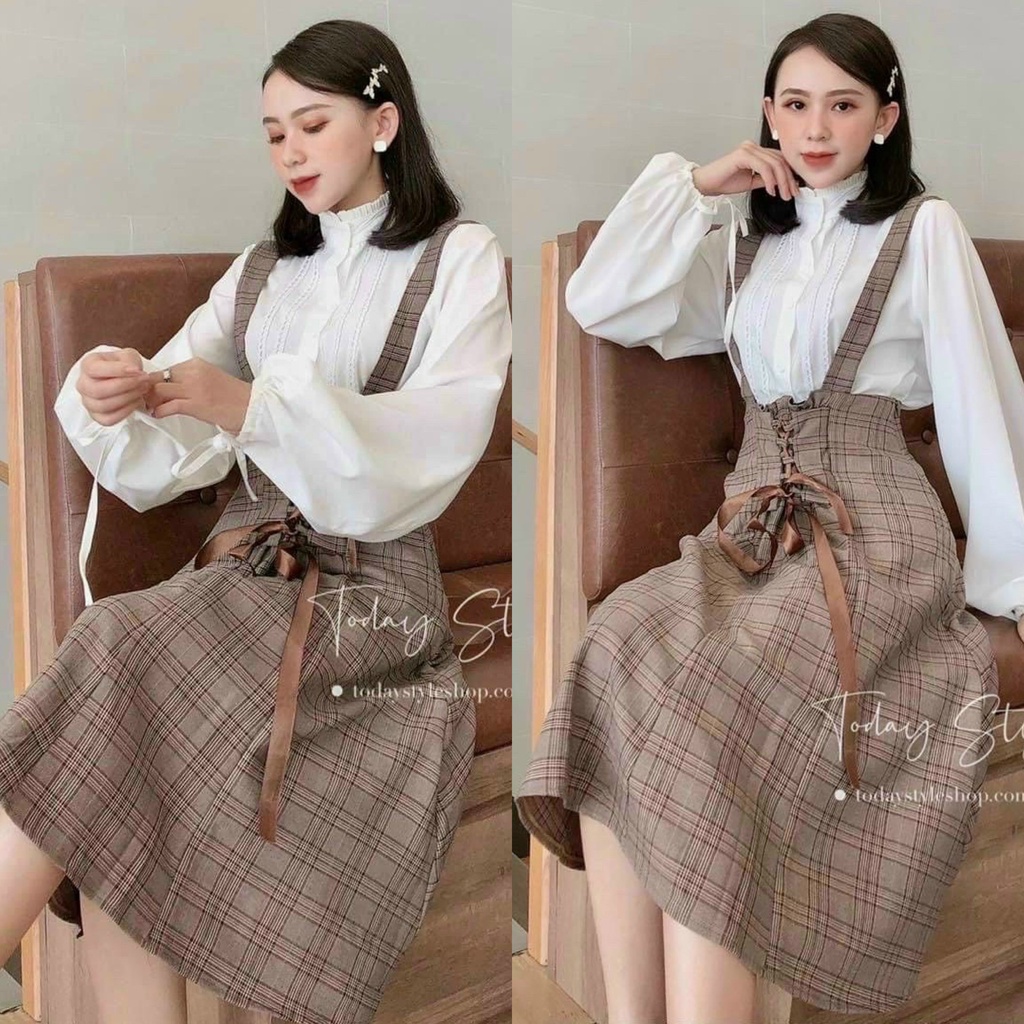 SET ÁO SƠ MI KÈM ĐẦM YẾM CARO (KÈM VIDEO HÌNH THẬT)