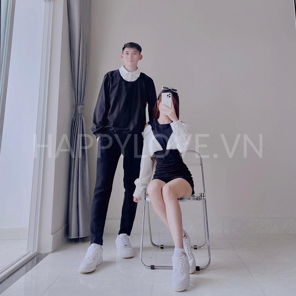 Set đồ đôi nam nữ Couple Áo nam Váy nữ màu đen phối kiểu sơ mi Hàn quốc HAPPYLOVE, Đồ cặp đôi unisex hàng Quảng Châu H31