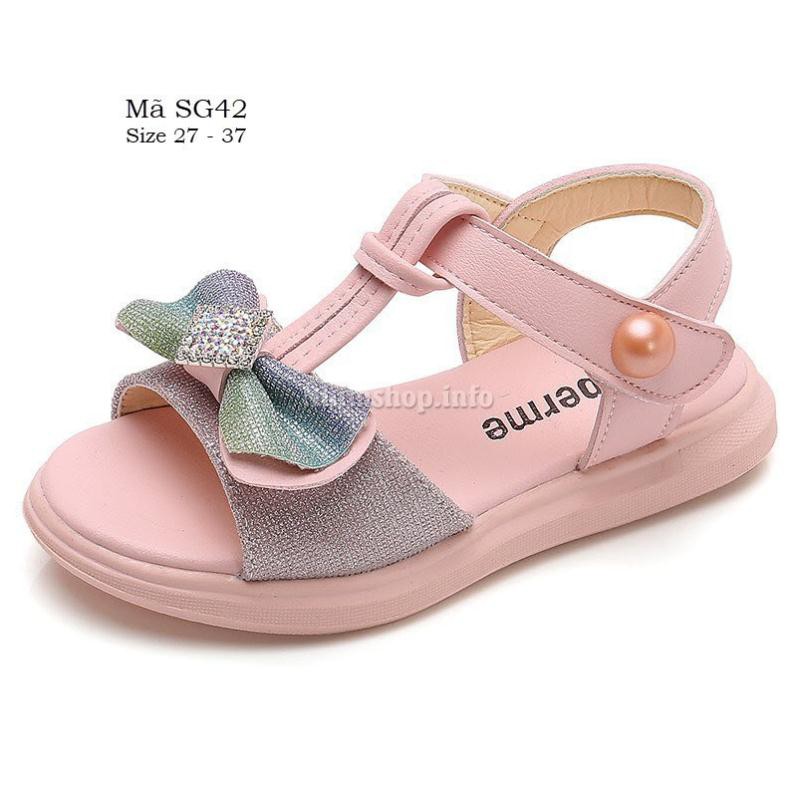 Dép sandal trẻ em dép quai hậu bé gái (lớn) 3 - 12 tuổi đi học đi biển mùa hè da mềm màu hồng gắn nơ xinh xắn SG42