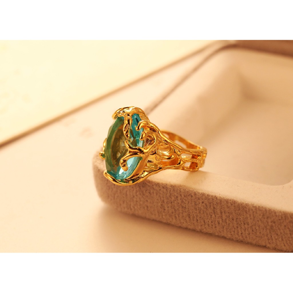Nhẫn mạ vàng 18K đính đá pha lê xanh dương phong cách Âu Mỹ sang trọng quý phái