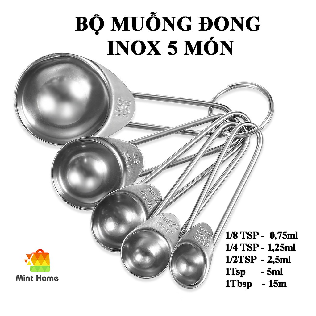 Bộ muỗng đong inox cao cấp, thìa đong nhà bếp 5 món (set 5 cái), thìa đo lường, đũa định lượng bột, sữa, gia vị, cà phê