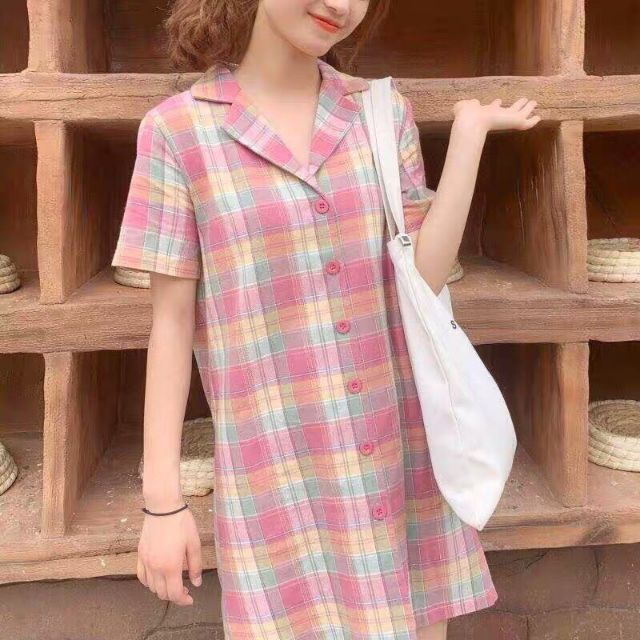 [Mã ĐẦM CỔ VEST CARO HỒNG