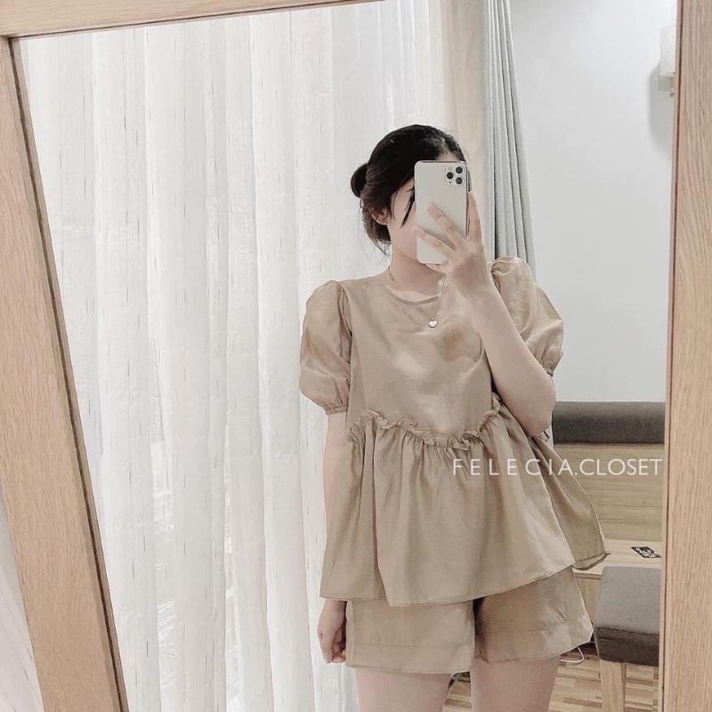 set babydoll nâu phối bèo + short