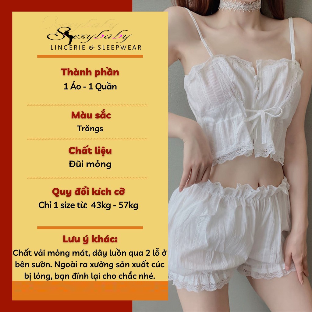 1199-Đồ ngủ sexy nữ 2 dây Bộ ngủ hai dây Set ngủ vải đũi mỏng màu trắng gợi cảm