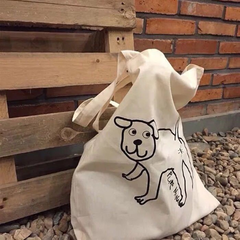 IELGY Thin cute print one-shoulder cotton grey cloth bag shopping