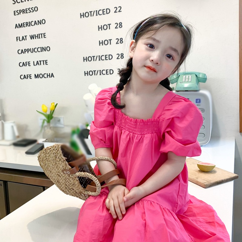 Đầm Tay Phồng Cổ Vuông Màu Sắc Ngọt Ngào Phong Cách Hàn Quốc Thời Trang Mùa Hè Xinh Xắn Cho Bé Gái